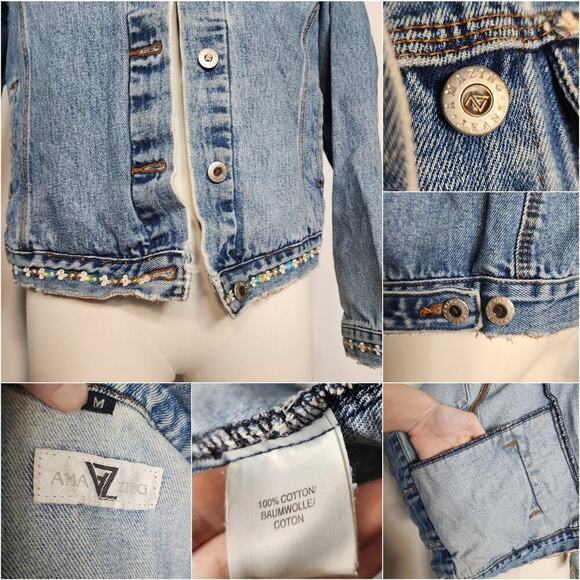Vtg 90s Y2k 1of1 DIY Flower Trim Distressed Light Wash Denim Jacket Sz M - Picture 8 of 8